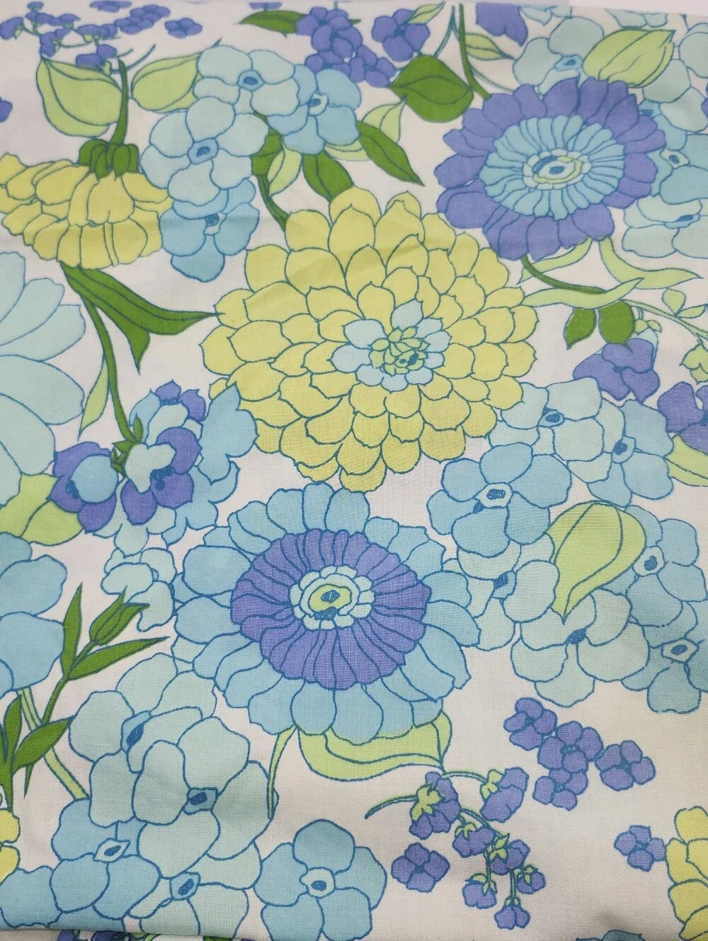 Vintage Flower Power Curtain Blue Green MOD TWIN 70s Sheet Flat Fitted
